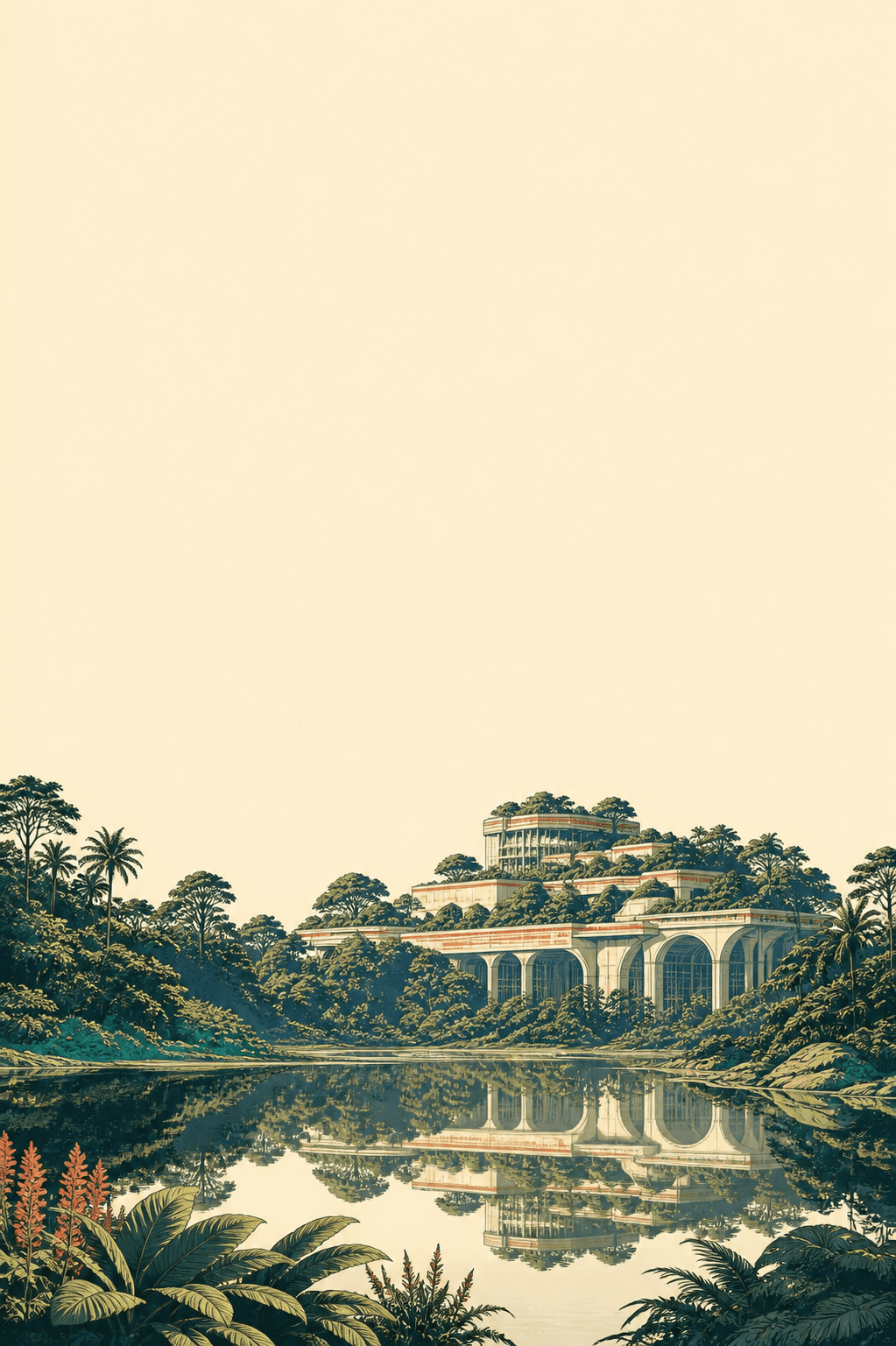 A glasshouse settlement set into rainforest, reflected in still water.